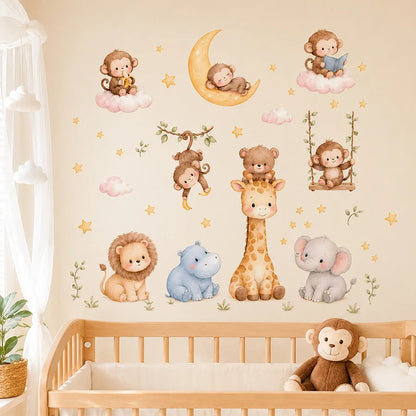 Forest Animals Rainbow Wall Stickers for Kids Rooms Children Boys Girls Baby Room Decoration Nursery Wallpaper Giraffe Elephant
