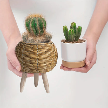 Charming Rustic Rattan Planter With Wooden Legs - Versatile Woven Storage Basket For Indoor/Outdoor Plants & Decor