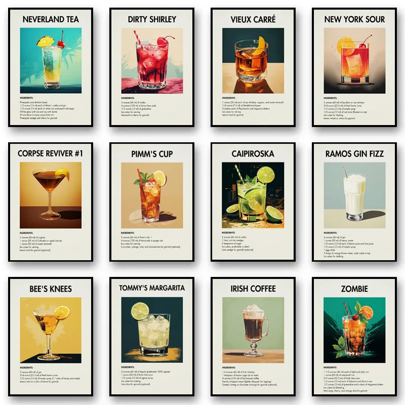 Classic Simple Bar Drinks Liquor Cocktail Bartending Recipe Poster Canvas Art Painting Prints Home Room Bar Wall Decoration