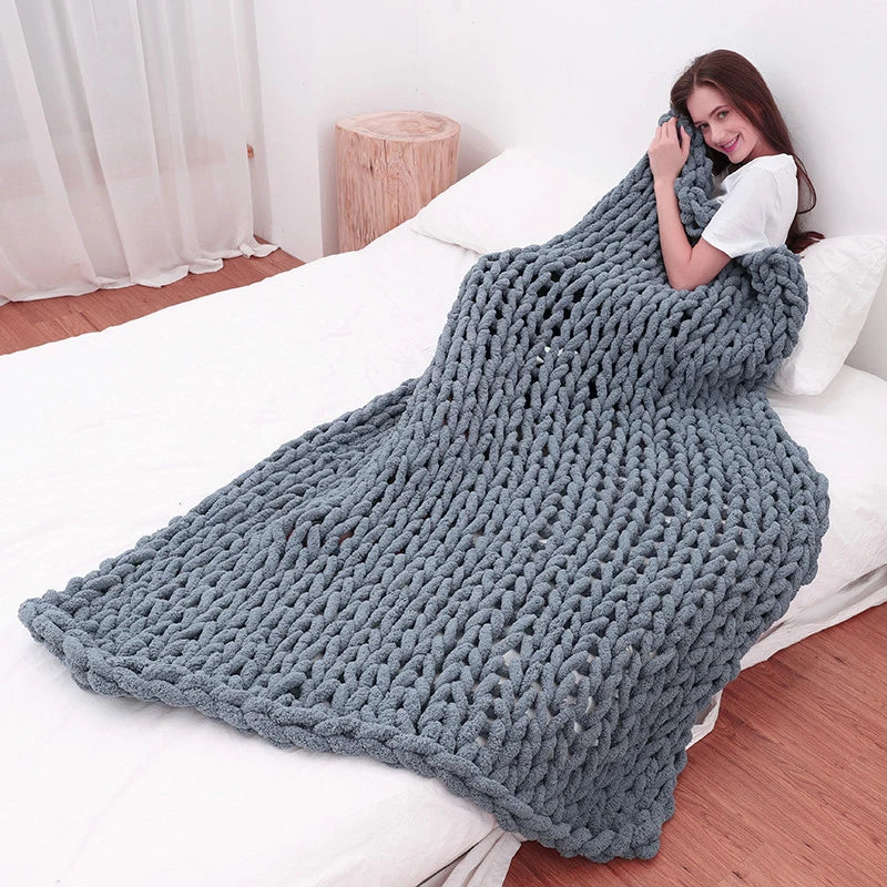 Hand Chunky Knitted Blanket Thick Yarn Merino Wool Bulky Knitting Throw Blankets Throw Carpets Soft Warm Winter Home Sofa Bed