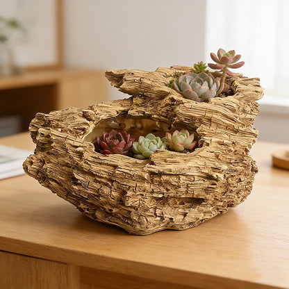 Artificial Driftwood Resin Planter with Dual Holes, Rustic Succulent Pot for Home Decor