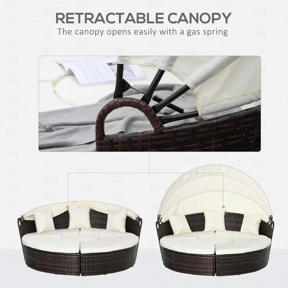 4-Piece Round Convertible Daybed with Cushions, Outdoor PE Rattan Patio Wicker Sofa Set, Sunbed with Adjustable Sun Canopy, Sec