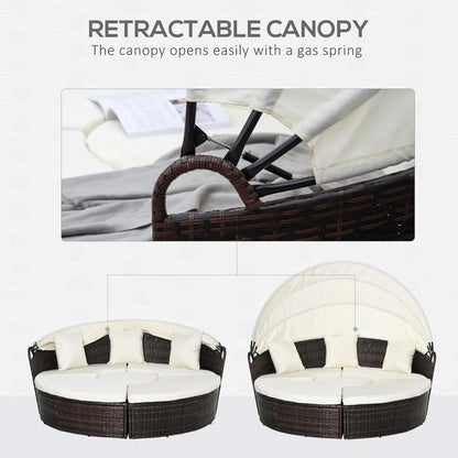 4-Piece Round Convertible Daybed with Cushions, Outdoor PE Rattan Patio Wicker Sofa Set, Sunbed with Adjustable Sun Canopy, Sec