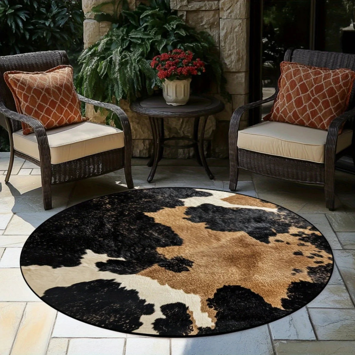 1PC Cow Print Round Rug, Soft Polyester, Black & White Design, Lightweight & Washable, for Living Room/Bedroom