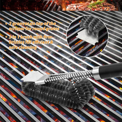 Stainless steel grill cleaning brush, outdoor BBQ grill wire brush with scraper, grill accessories, picnic tools