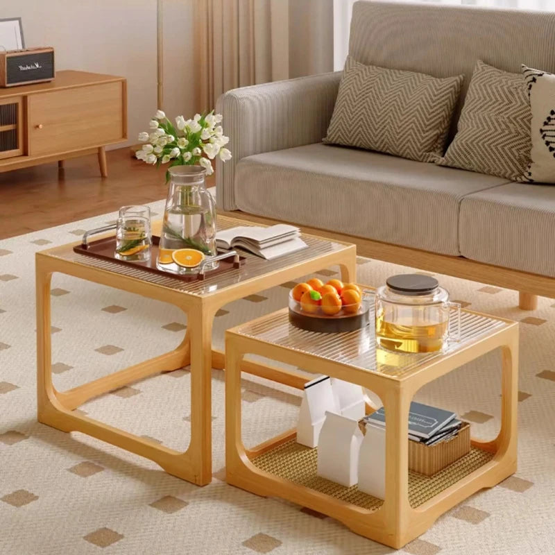 Wooden Rattan Side Table Vintage Designer Floor Glass Side Table Minimalist Mid Century Bijzet Tafel Woonkamer Furnitures