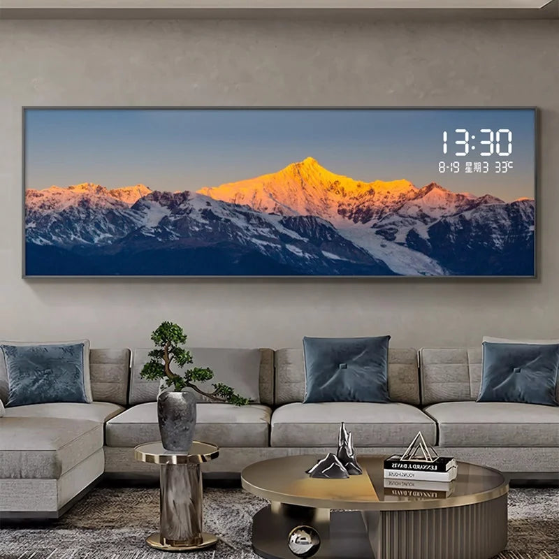 Modern Luxury Living Room Decoration Painting Led Electronic Clock Sofa Background Mural Light Horizontal Hanging Painting