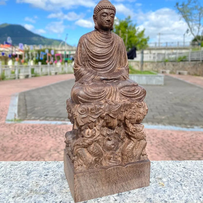 Hand-Carved Agarwood Shakyamuni Buddha Statue - 7.9/11.8" Dragon Throne Buddha Sculpture for Home Living Room Entrance