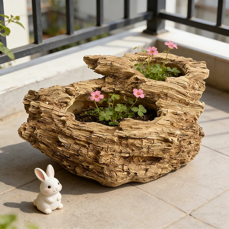 Artificial Driftwood Resin Planter with Dual Holes, Rustic Succulent Pot for Home Decor