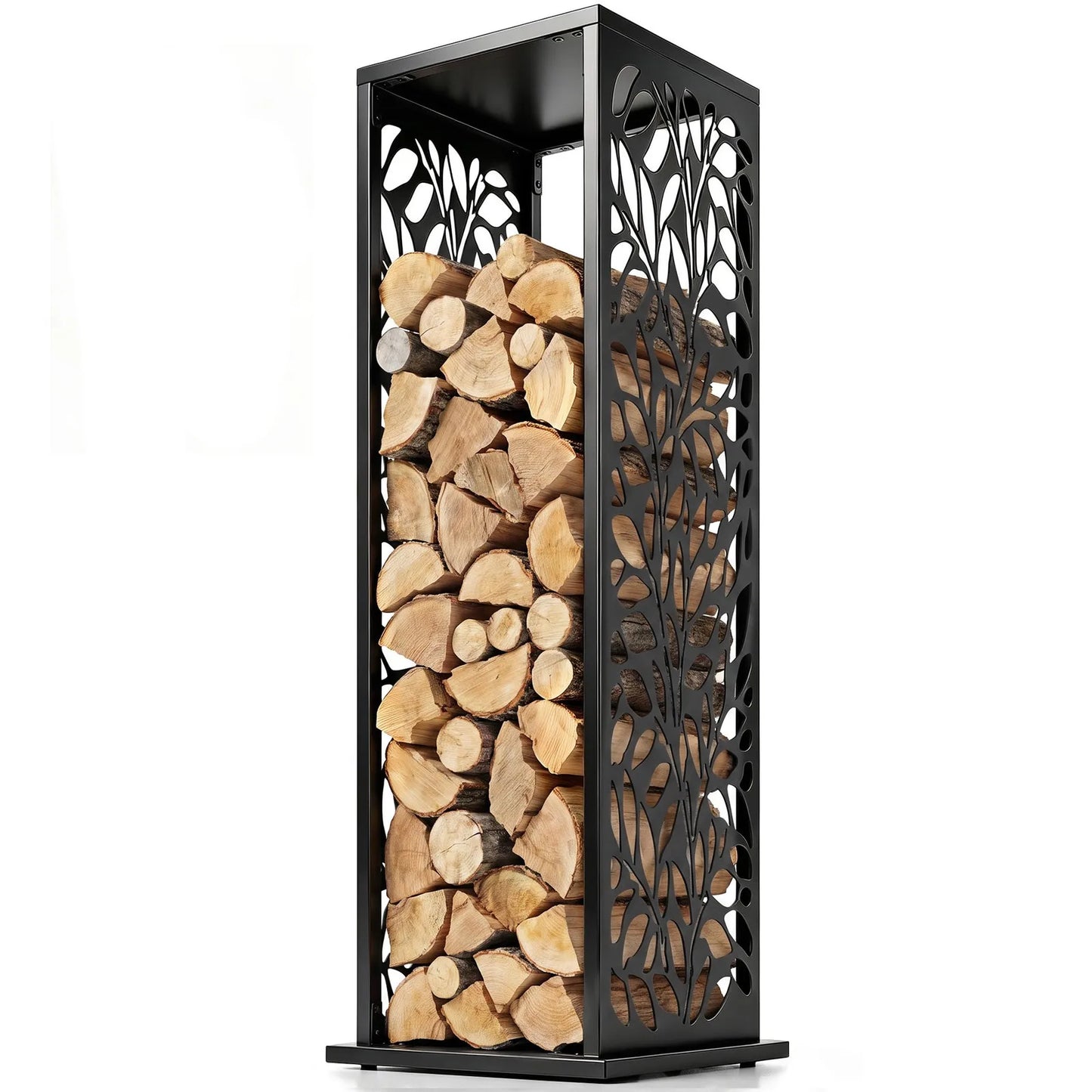 15 Inch Firewood Rack Outdoor Indoor with Cutout Design, Black