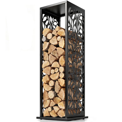 15 Inch Firewood Rack Outdoor Indoor with Cutout Design, Black