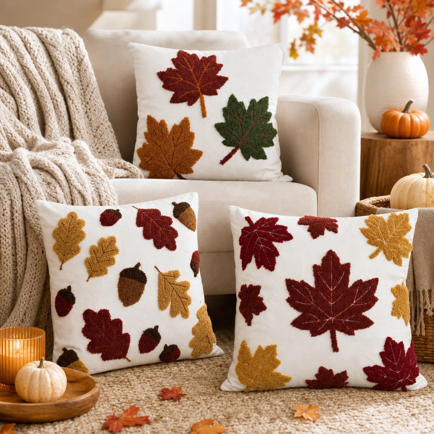 Fall Towel Embroidered Throw Pillow Cover Cojines Maple Leaf Acorn Sofa Throw Pillowcase Living Room Decorative Cushion Covers