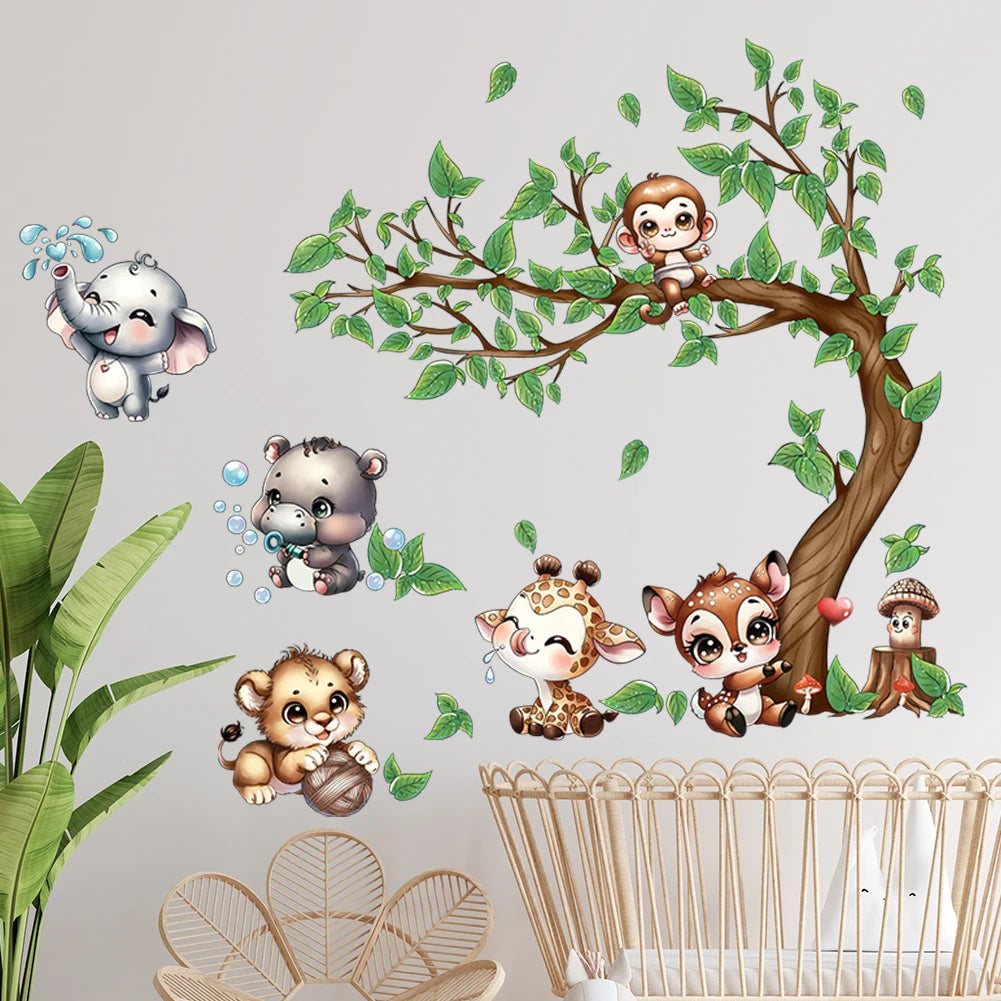 Animals Playing By The Tree Wall Stickers Wallpaper Murals Watercolor Stickers Children's Room Home Decorations