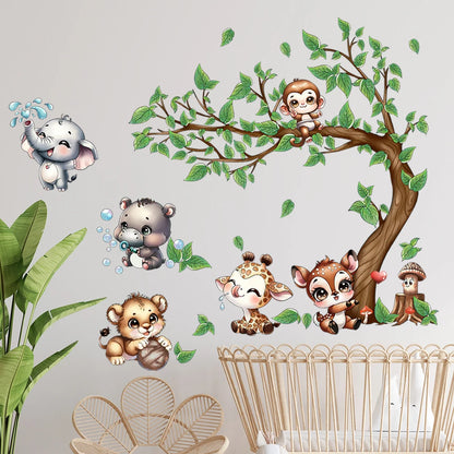Animals Playing By The Tree Wall Stickers Wallpaper Murals Watercolor Stickers Children's Room Home Decorations