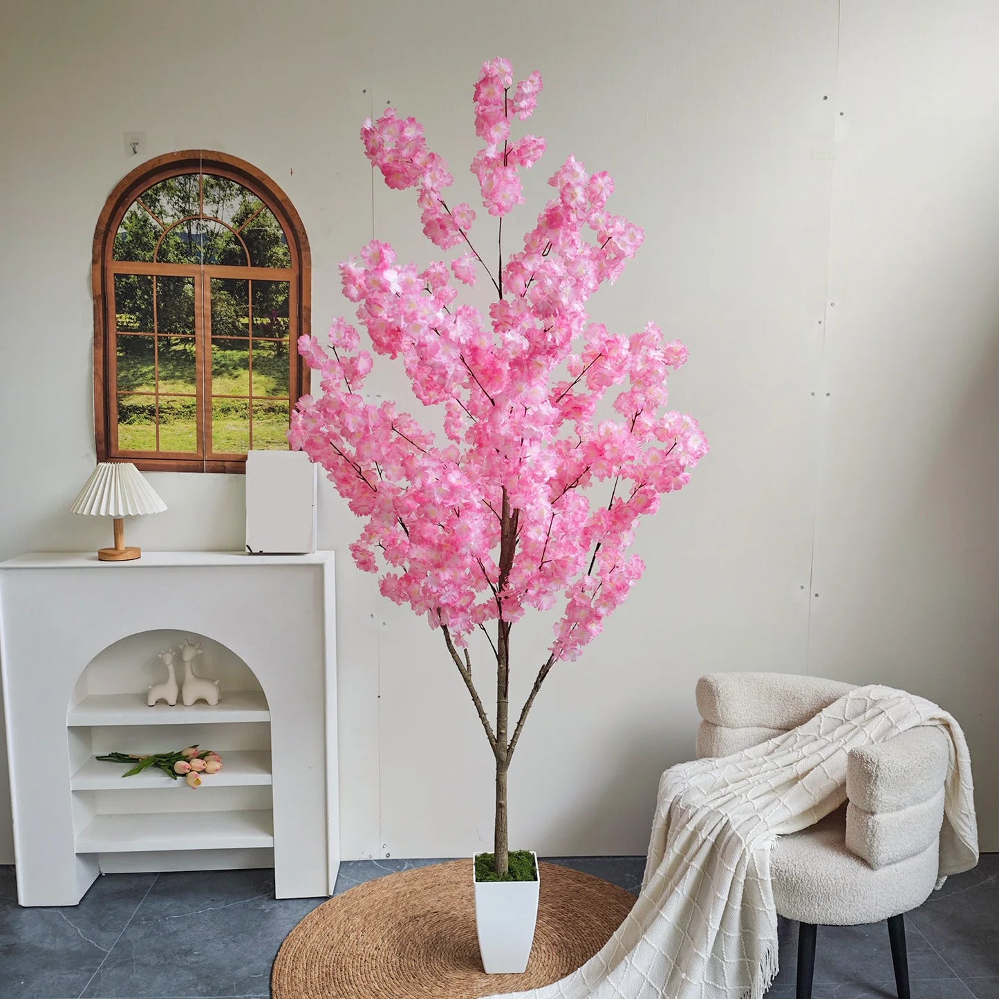 160-210cm/6.9ft Artificial Cherry Blossom Tree Plant Indoor Outdoor Ornament Fake Plant for Home Wedding Party Living Room Decor