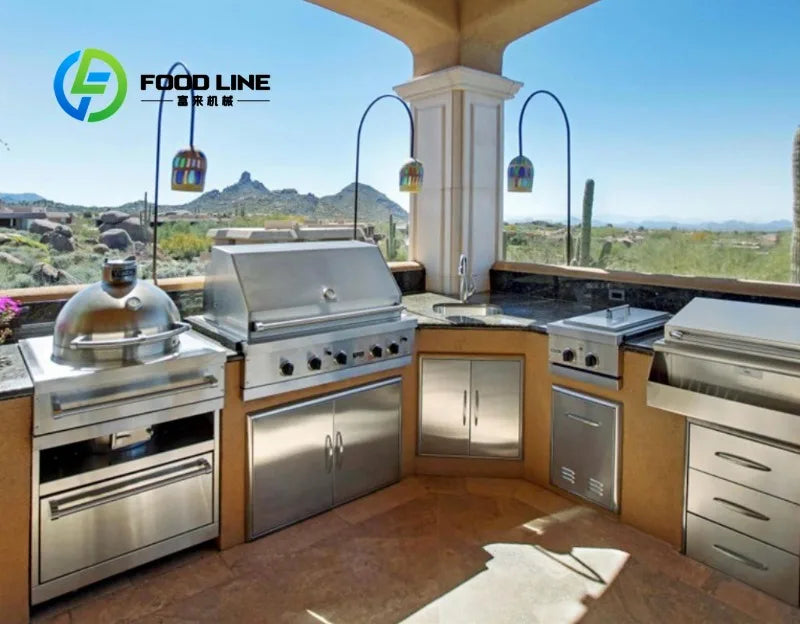 customize Outdoor Kitchen Island Modular Units Stainless Steel Gas Grill Sink Drawers Weather Resistant Patio Design