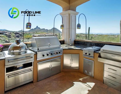 customize Outdoor Kitchen Island Modular Units Stainless Steel Gas Grill Sink Drawers Weather Resistant Patio Design