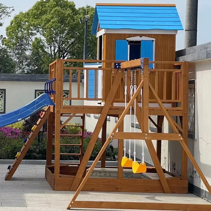Outdoor Waterproof Wooden Playhouse With Slide Swing Set and Sandbox Kids' Playground Play House for Patio Backyard