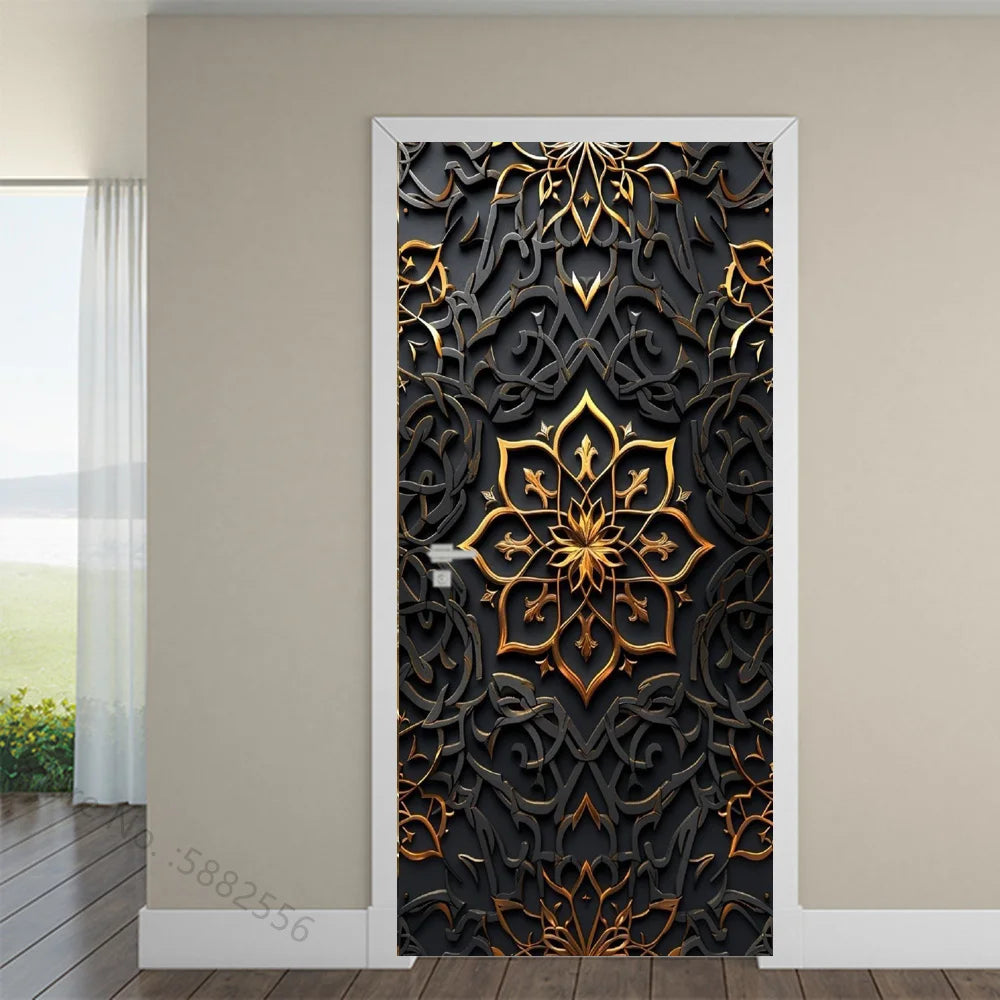 Black Art Mural Wood Texture Flower Star Waterproof Self-Adhesive Wallpaper Stickers for Door Bedroom Living Room Cabinets Decor