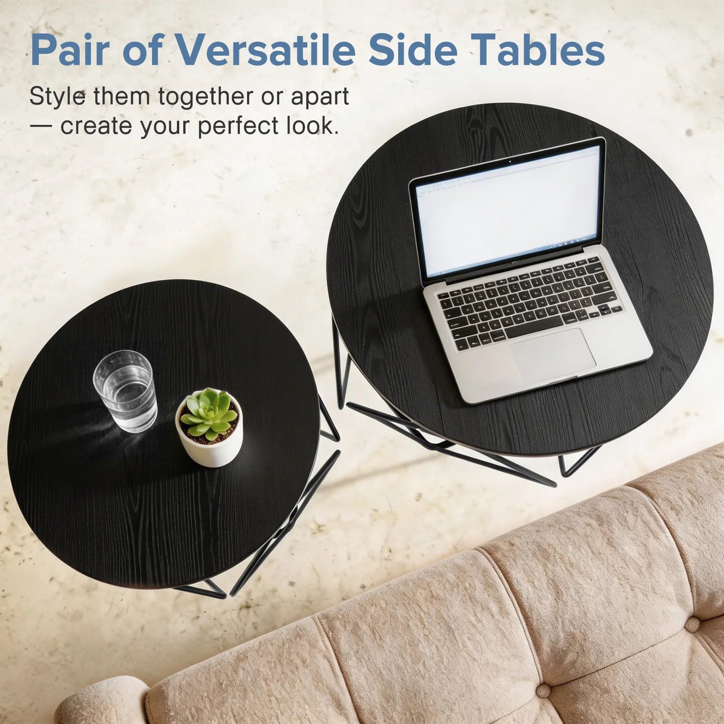 JHK 20IN Round Geometric Coffee Table Set of 2 Movable End Tables for Living Room Nesting Side Tables with Hidden Storage