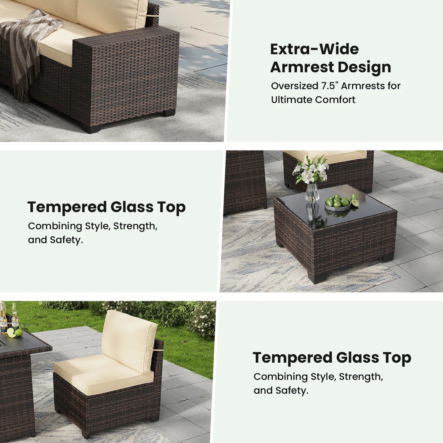 6 Pieces Patio Furniture Set with 44" Fire Pit Table, Outdoor Sectional Rattan Conversation Set for Garden, Porch, Backyard