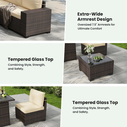 6 Pieces Patio Furniture Set with 44" Fire Pit Table, Outdoor Sectional Rattan Conversation Set for Garden, Porch, Backyard