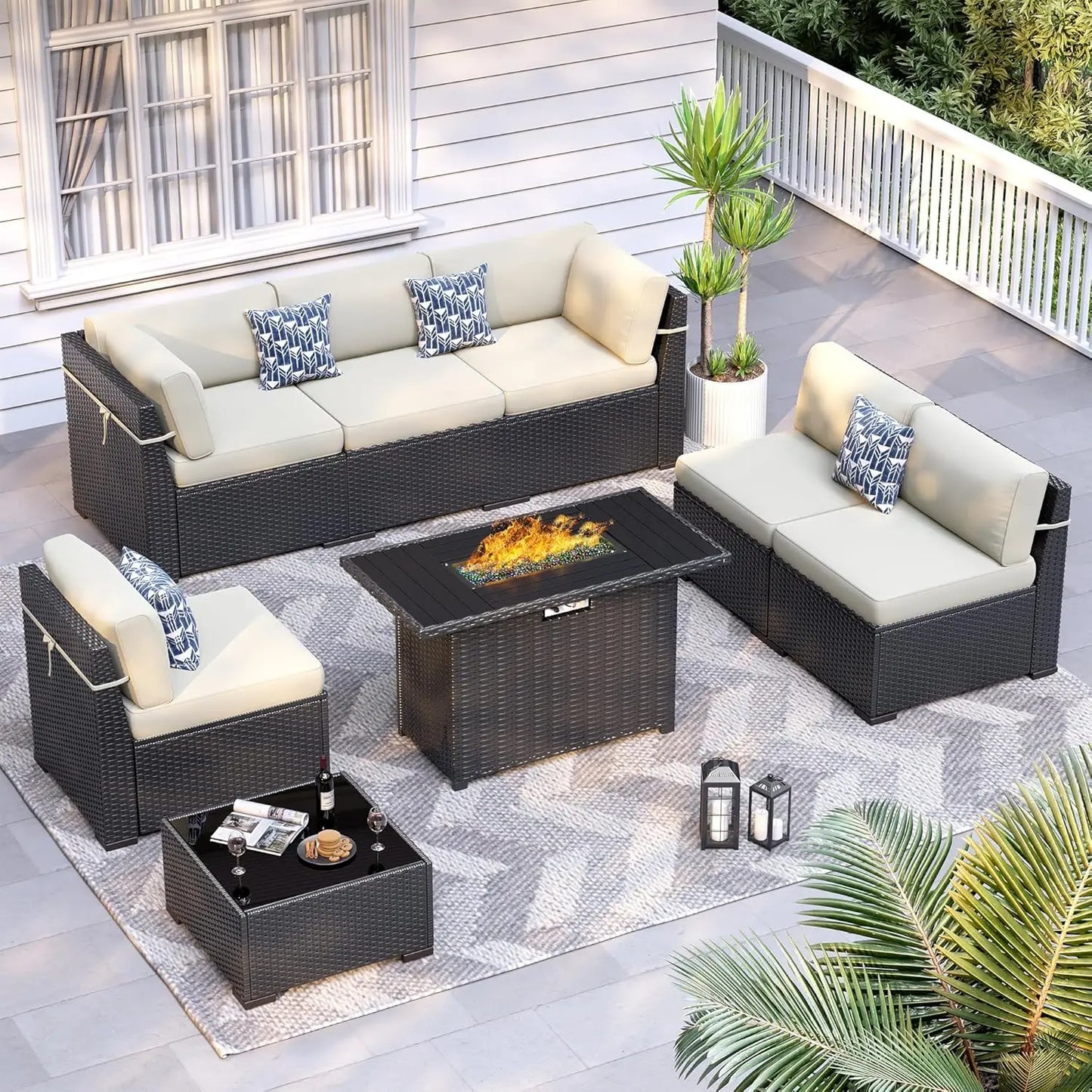 8pc Patio Set 44" Fire Pit Table All Weather Wicker Sectional Sofa Coffee Table Thickened Cushions Outdoor, Custom