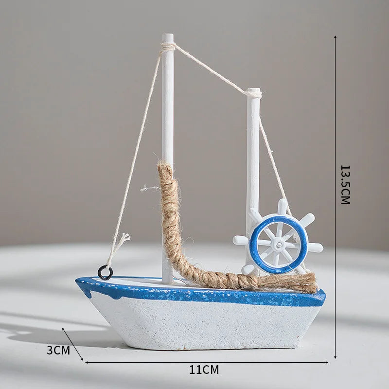1pc Mini Mediterranean Style Marine Nautical Wooden Blue Sailing Boat Ship Wood Crafts Ornaments Party Room Home Decoration