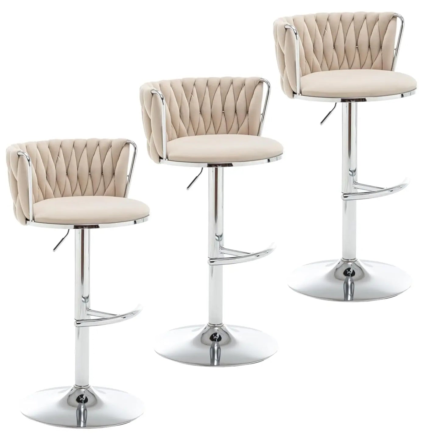 Gold Velvet Bar Stools Set of 3, Swivel Counter Height Bar Stools with Back, Adjustable Woven Barstools for Kitchen, Customized