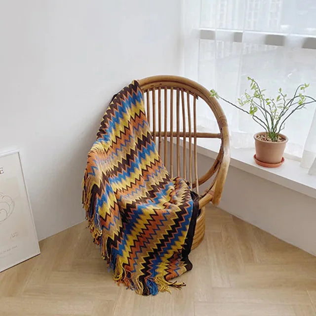 Bohemian Throw Blanket Geometric Knitted Blanket for Bed Plaid Living Room Boho Home Decor Travel Thread Blanket With Tassel INS
