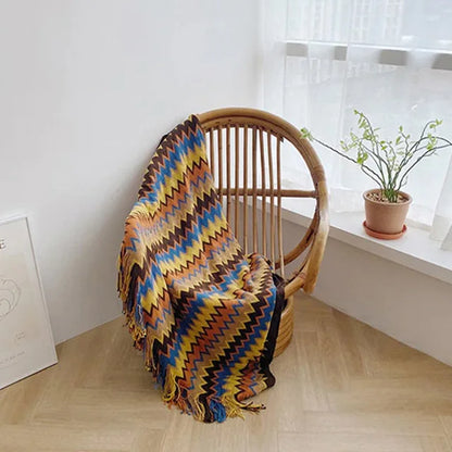 Bohemian Throw Blanket Geometric Knitted Blanket for Bed Plaid Living Room Boho Home Decor Travel Thread Blanket With Tassel INS