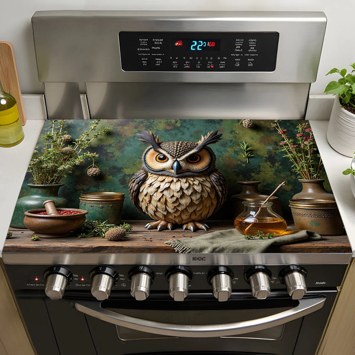 Vintage Rustic Owl Kitchen Stove Top Cover, Non-Slip Stove Protector Mat, Decorative Gas Cooktop Pad, Elegant Kitchen Decor