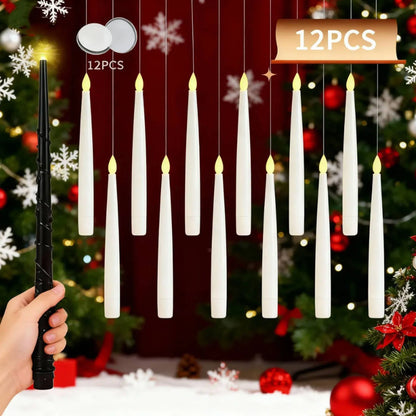 Floating Candles with Wand 12 PCs Magic Hanging Candles Flickering Warm Light Flameless Floating LED Candle Halloween Decoration