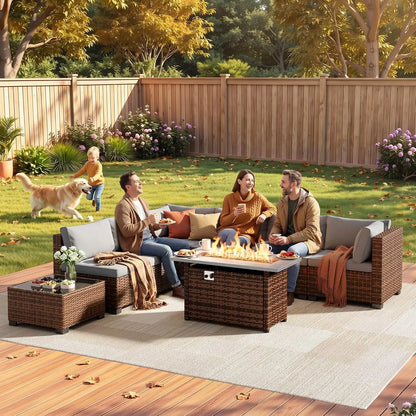8 Piece Outdoor Patio Furniture Set with 44”Fire Pit Table, Outdoor Wicker Sectional Sofa Conversation Set with, Customized