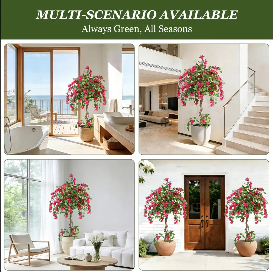 3/4/5FT Artificial Bougainvillea Tree with Silk Flowers and Green Foliage Faux Outdoor Indoor Flowering Plant for Home Office Living Room Bedroom Garden Pool Decor