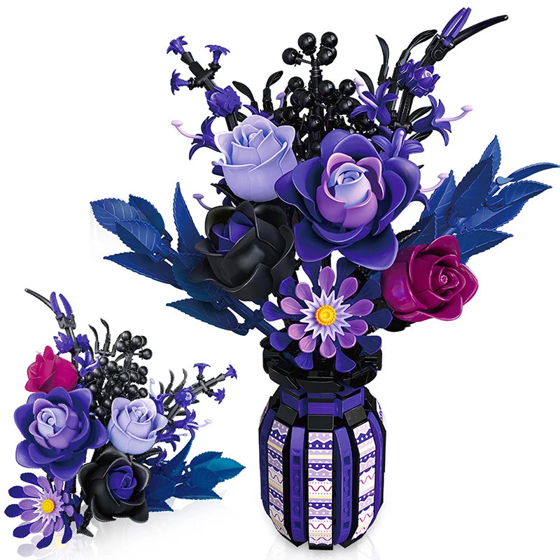 1218PCS Dark Romance Flower Building Blocks Gothic Bouquet With Vase Model Educational DIY Toy Desktop Decoration Gift For Adult