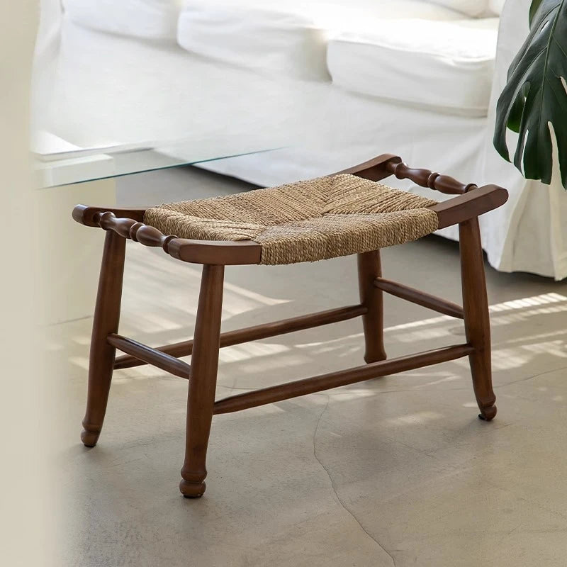 Vintage Woven Solid Wood Shoe Bench Multi-Purpose Storage Seat Rustic Woven Stool for Home Entryway Bedside Footrest