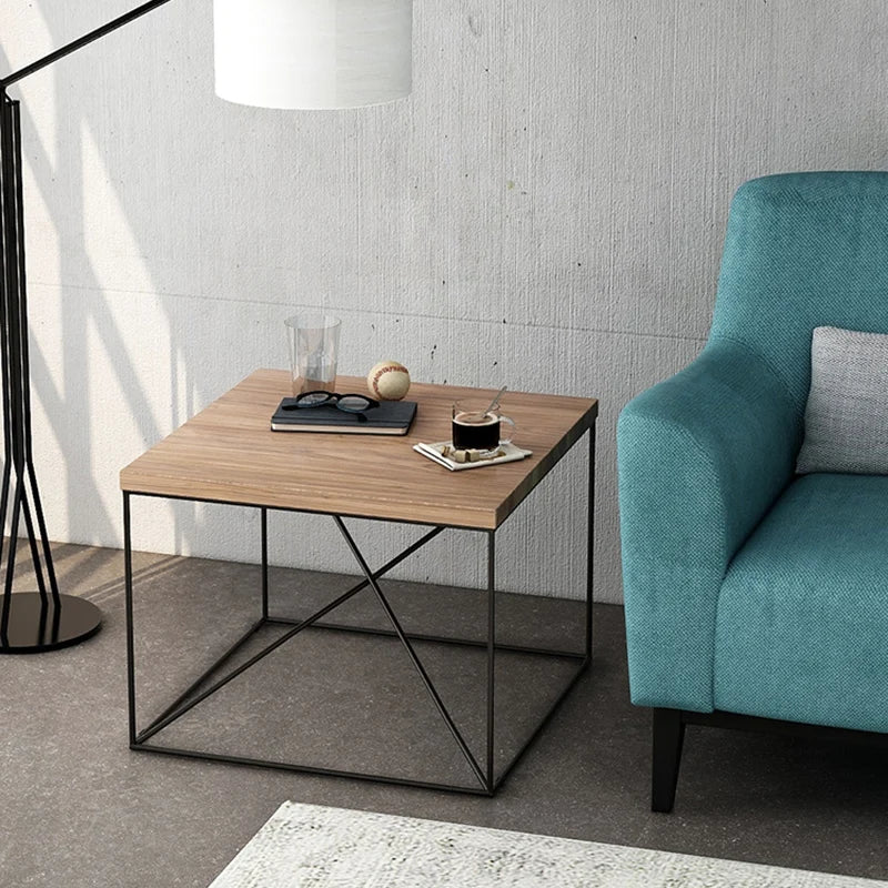 Vintage Iron Coffee Table Minimalist INS Style Small Solid Wood Tea Table American Square Side Table Living Room Accent Table