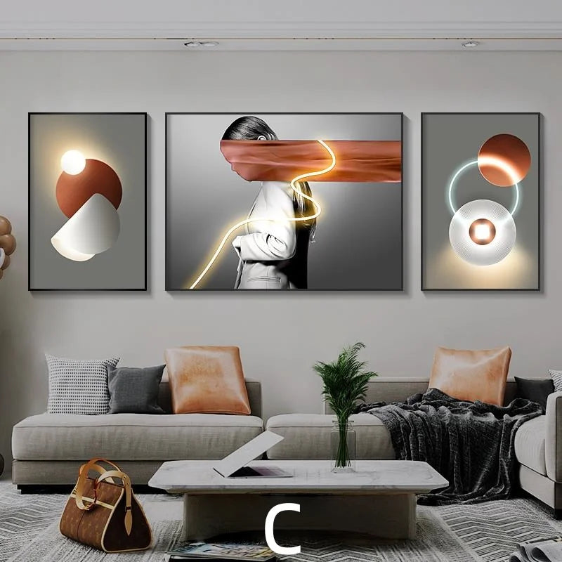 Living Room Decoration Painting LED Lighting Mural Painting Character Triptych Hanging Painting Bedroom Sofa Background Wall