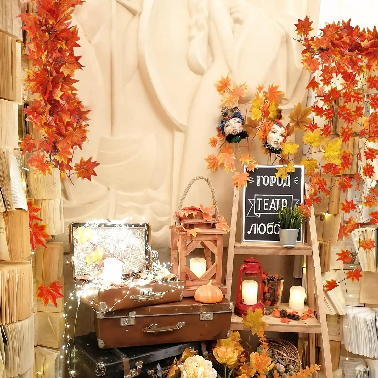 12pcs Artificial Maple Garland Hanging Vines Ivy Autumn Decor Thanksgiving Home Wedding Party Garden Fireplace Christmas Decor