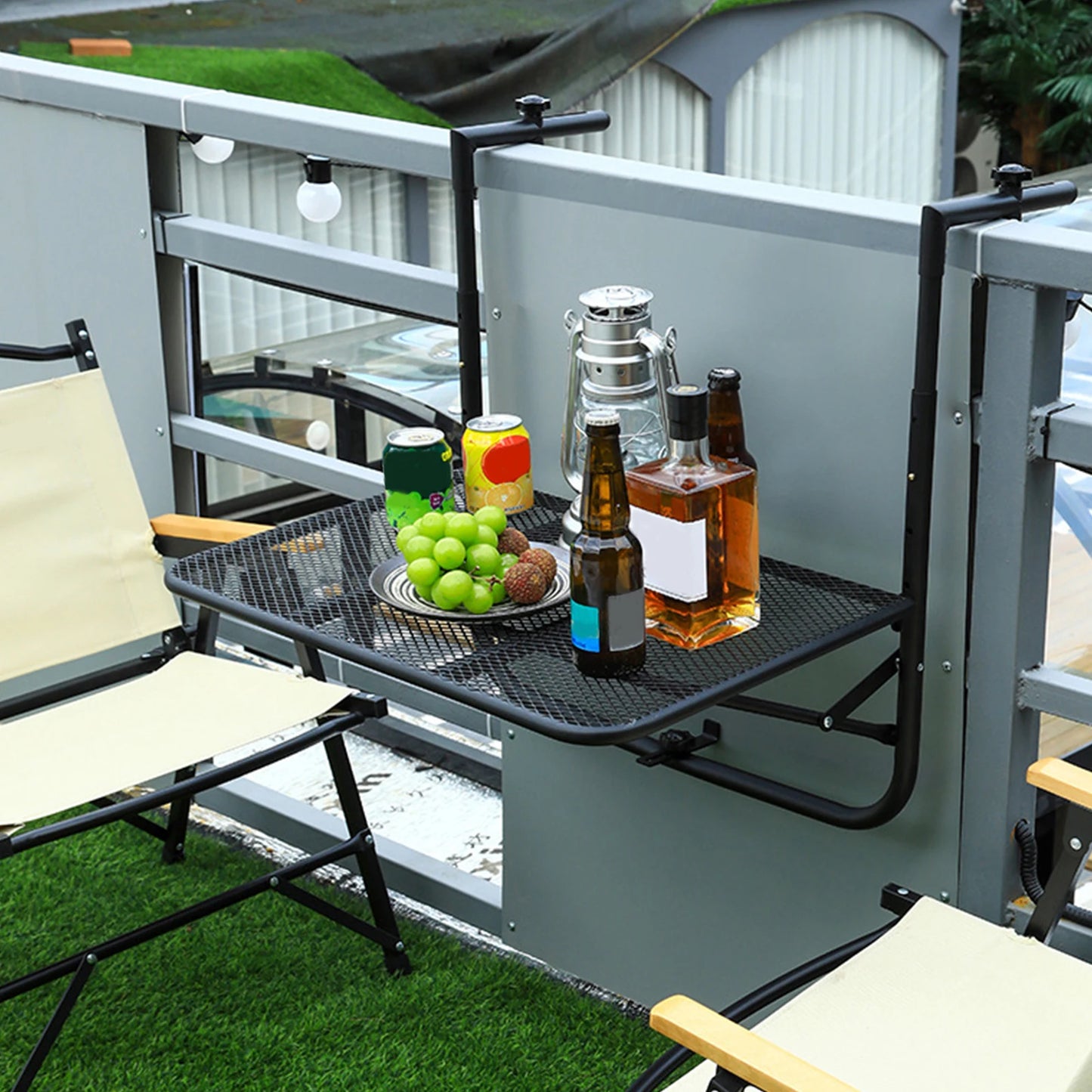 Balcony Railing Table Folding Outdoor Balcony Railing Desk Adjustable Height Patio Bar Table for Patio Space-Saving Furniture