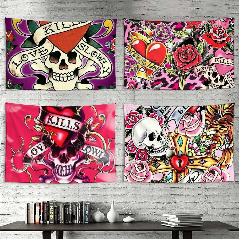 pink ed hardy wallpaper  Flags Wall Hanging Tapestry Outdoor Garage Room Decorative flag Background Blanket