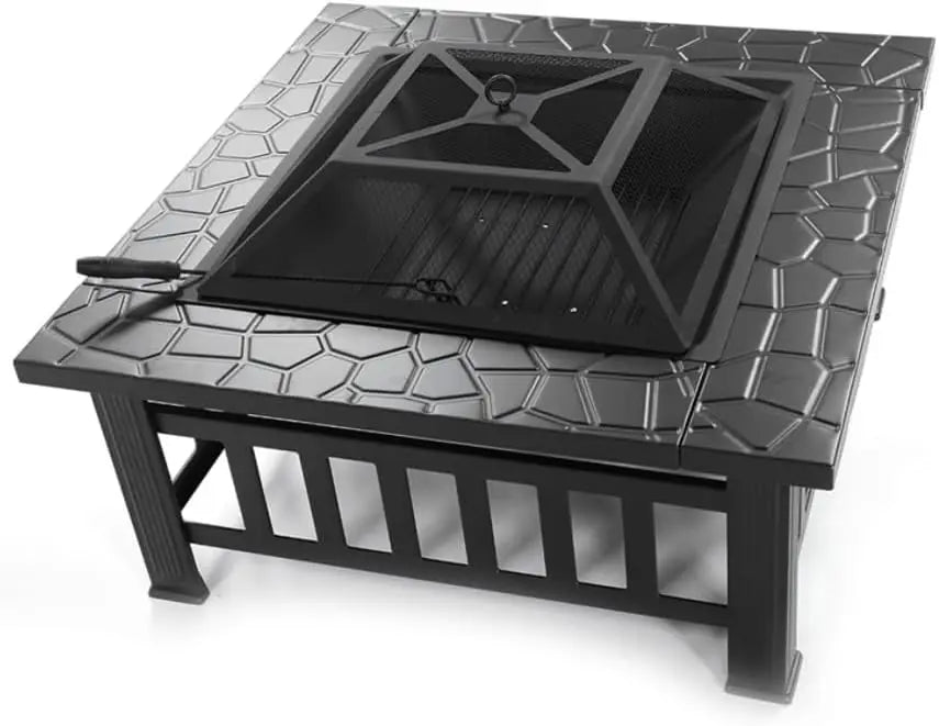Square Metal Fire Pit Table Outdoor Wood Burning Fireplace Backyard Patio Stove For Camping Heating Bonfire Picnic Geometric Flame Cut Out Pattern Heavy Duty Heating Station Black