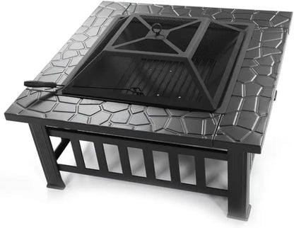 Square Metal Fire Pit Table Outdoor Wood Burning Fireplace Backyard Patio Stove For Camping Heating Bonfire Picnic Geometric Flame Cut Out Pattern Heavy Duty Heating Station Black