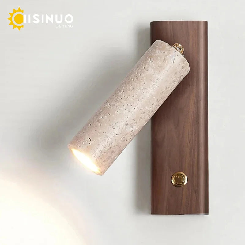 Wabi‑Sabi Natural Yellow Travertine Stone Wall Lamp Wood Rotating Light with Switch Bedside Light for Bedroom Corridor Home Deco