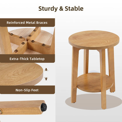 JHK Wood Round Side Tables Coffee Table For Living Room 2-Tier Center Counter with Storage Shelf Bedside Nightstand with Non-Slip Pads
