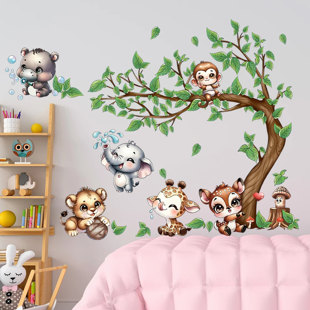 Animals Playing By The Tree Wall Stickers Wallpaper Murals Watercolor Stickers Children's Room Home Decorations