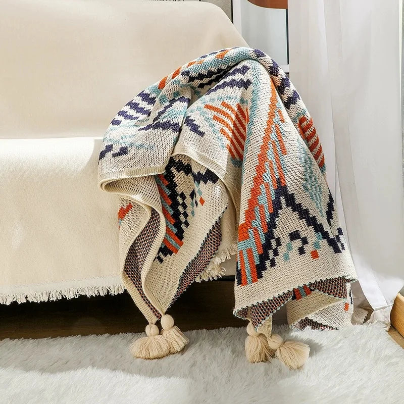 Southwest Desert Sunrise Geometric Woven Throw Blanket Earth Tone Tribal Pattern Soft Cozy Blanket for Sofa Bed Camping Travel