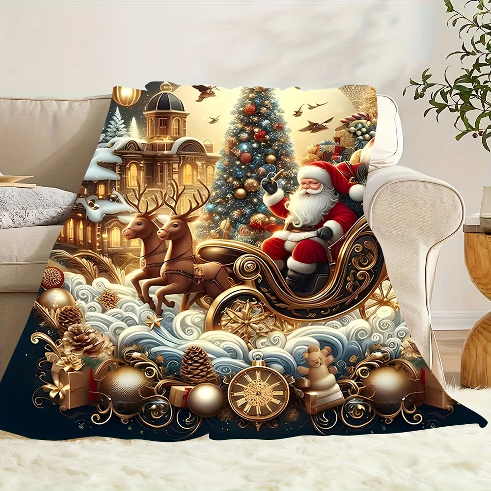 1pc Holiday Santa Claus Reindeer Sleigh Christmas Tree Elements Flannel Fleece Blanket，Multipurpose Seasonal Gift for Christmas