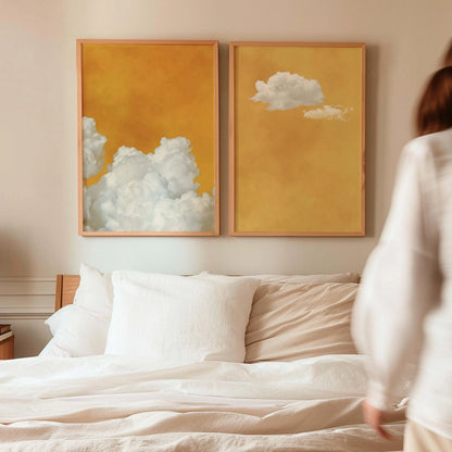 Yellow Background White Cloud Wall Art Poster Abstract Sky Art Canvas Prints Are Used for Modern Living Room Bedroom Home Decor